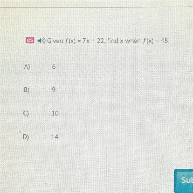 Given f(x) = 7x - 22, find x when f(x) = 48.-example-1