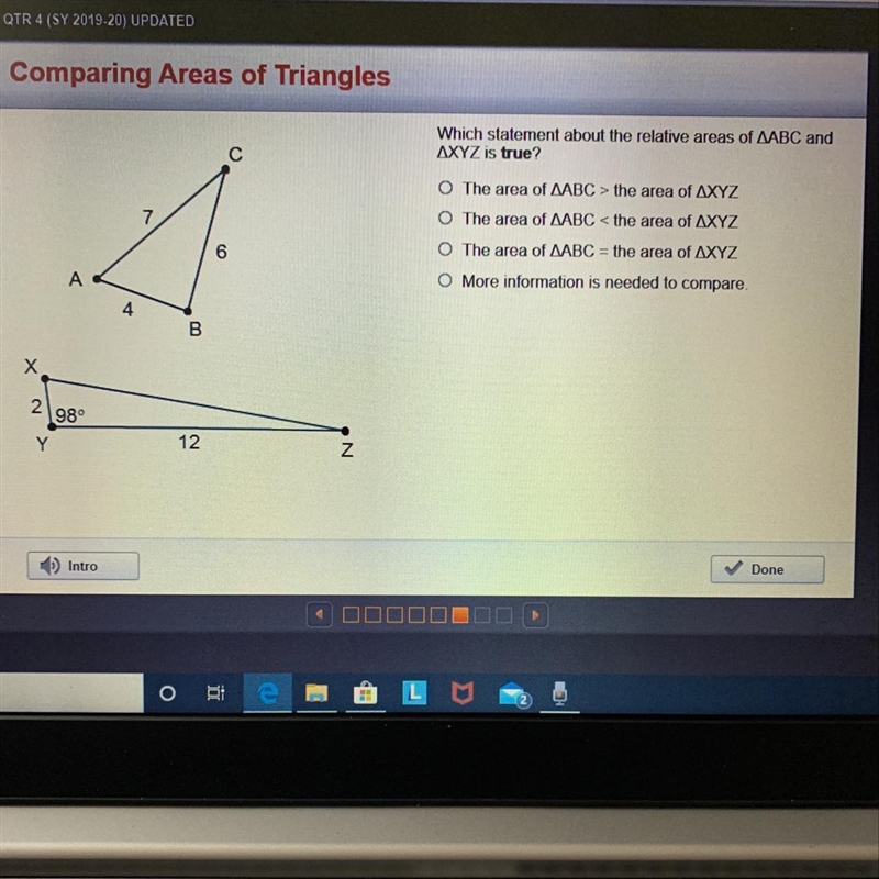 Which statement is true about the relative areas of triangle ABC and triangle XYZ-example-1