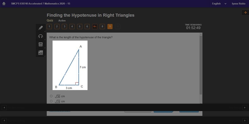 What is the length of the hypotenuse of the triangle? √20cm √23cm √40cm √58 cm-example-1