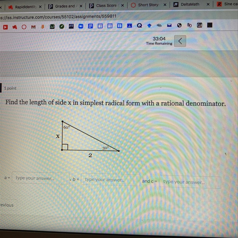 Find the length of side x in simplest radical form with a rational denominator.-example-1