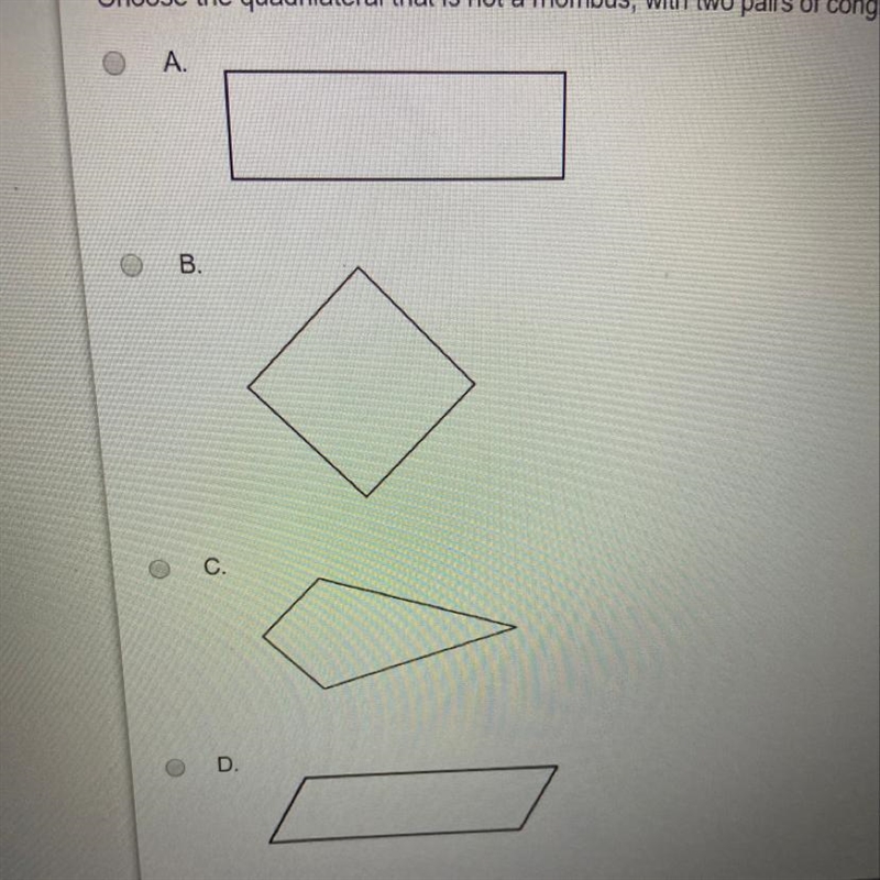 Choose the quadrilateral that is not a rhombus of congruent sides and two angle that-example-1