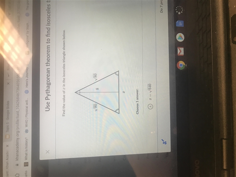 Find the value of x in the isosceles triangle show below.-example-1