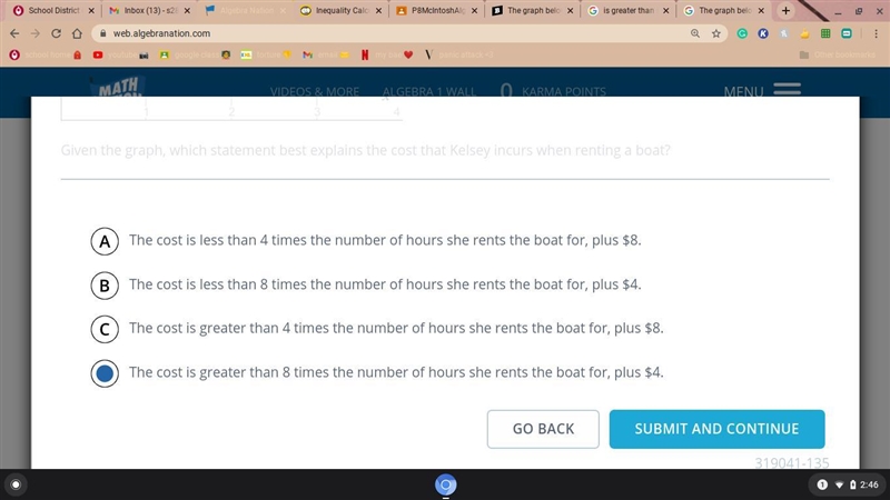 The graph below shows the number of hours, x, that Kelsey can rent a boat for y dollars-example-2