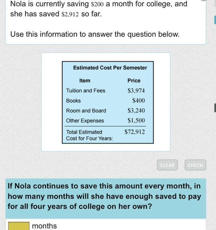 Nola is currently saving $200 a month for college, and she has saved $2,912 so far-example-1