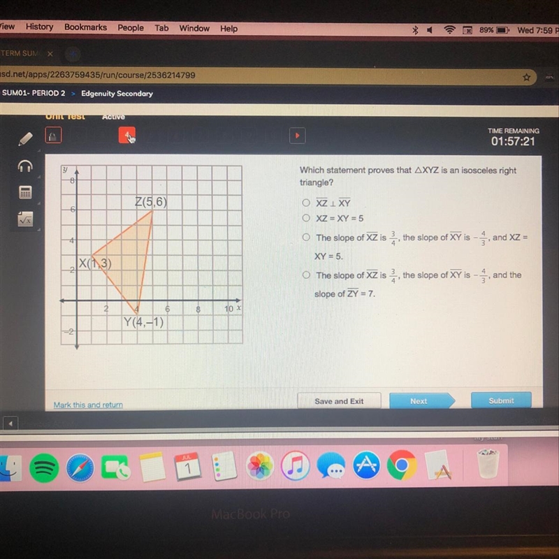 Which Statement Proves that triangle XYZ is an isosceles right triangle?-example-1