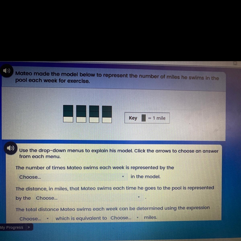 Mateo made the model below to represent the number of miles he swims in the pool each-example-1