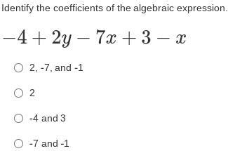 Identify the coefficients of the algebraic expression.-example-1