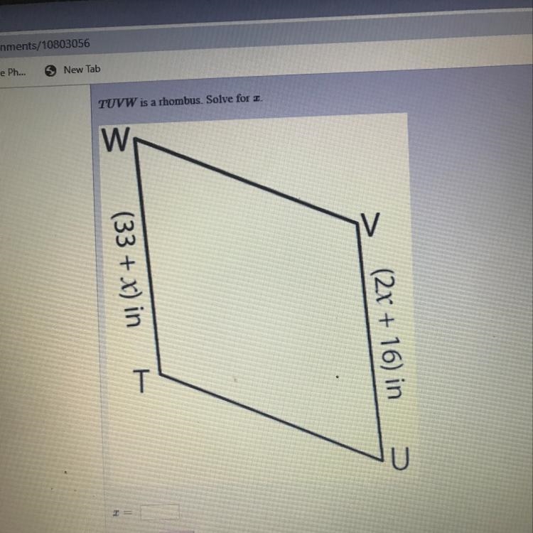 TUVW is a rhombus. Solve for x-example-1