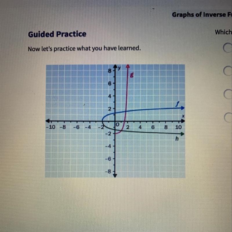 Which function, gor h, is the inverse function for function f? A. the function gbecause-example-1