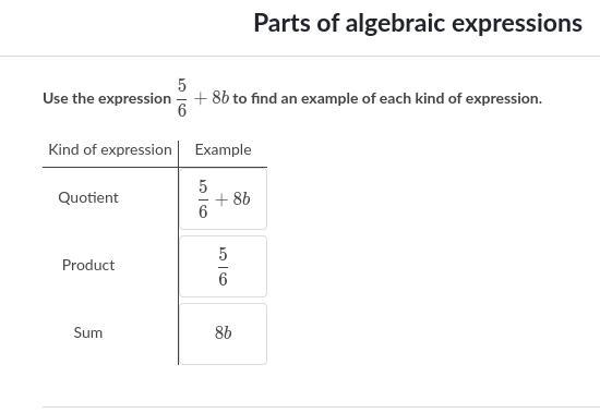 Use the expression 5/6 + 8b to find an example of each kind of expression.-example-1