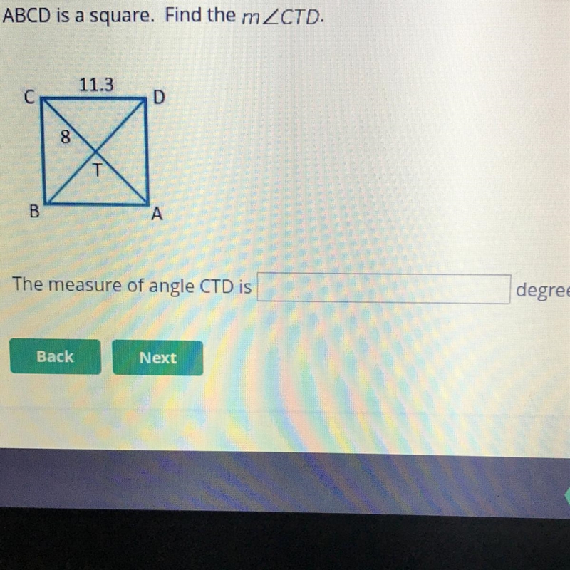 ABCD is a square. Find the measure of angle CTD-example-1