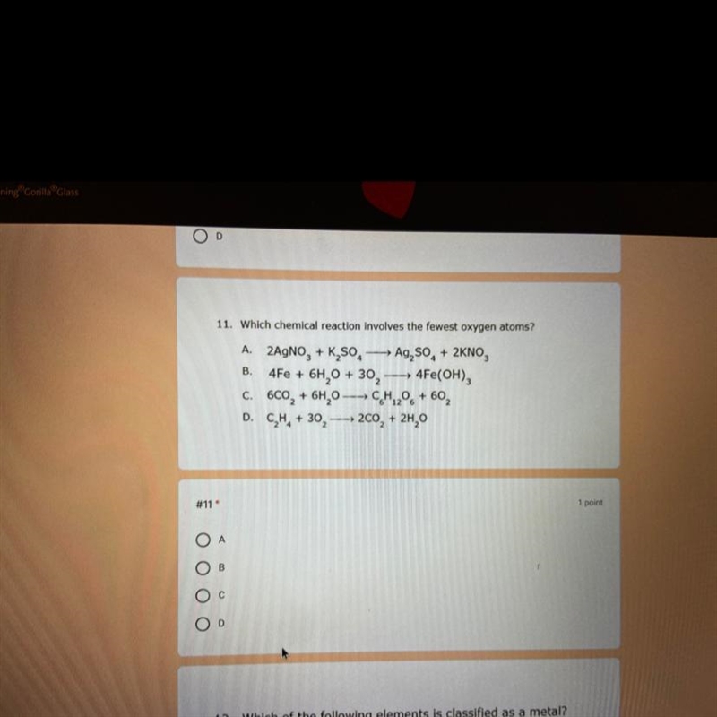 11. Which chemical reaction involves the fewest oxygen atoms? B. A. 2AgNO, + K, SO-example-1