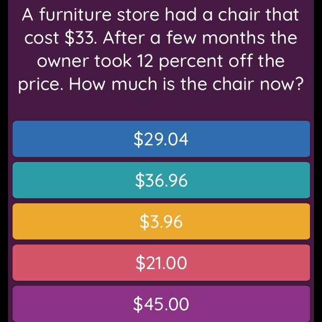 A furniture store had a chair that cost $33. After a few months the owner took 12 percent-example-1