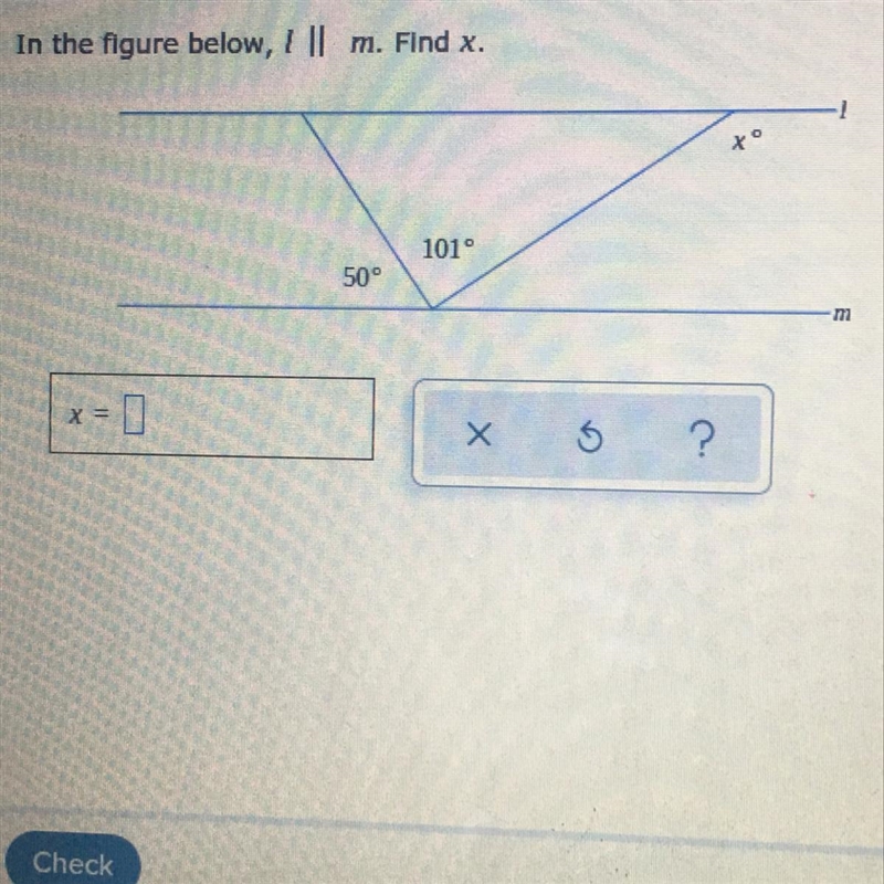 Isosceles triangles and exterior angles. Find x-example-1