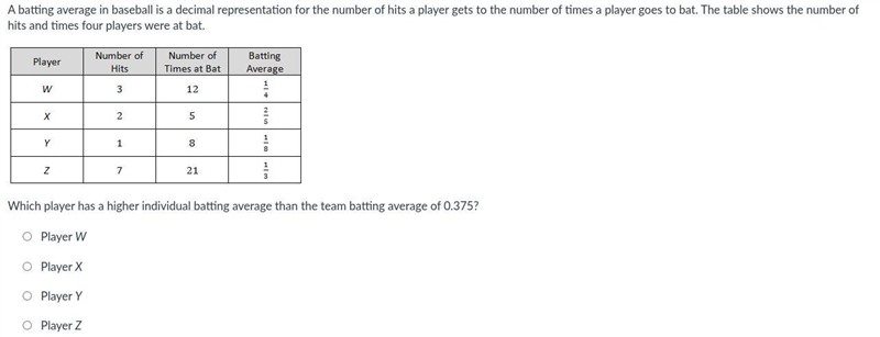 A batting average in baseball is a decimal representation for the number of hits a-example-1