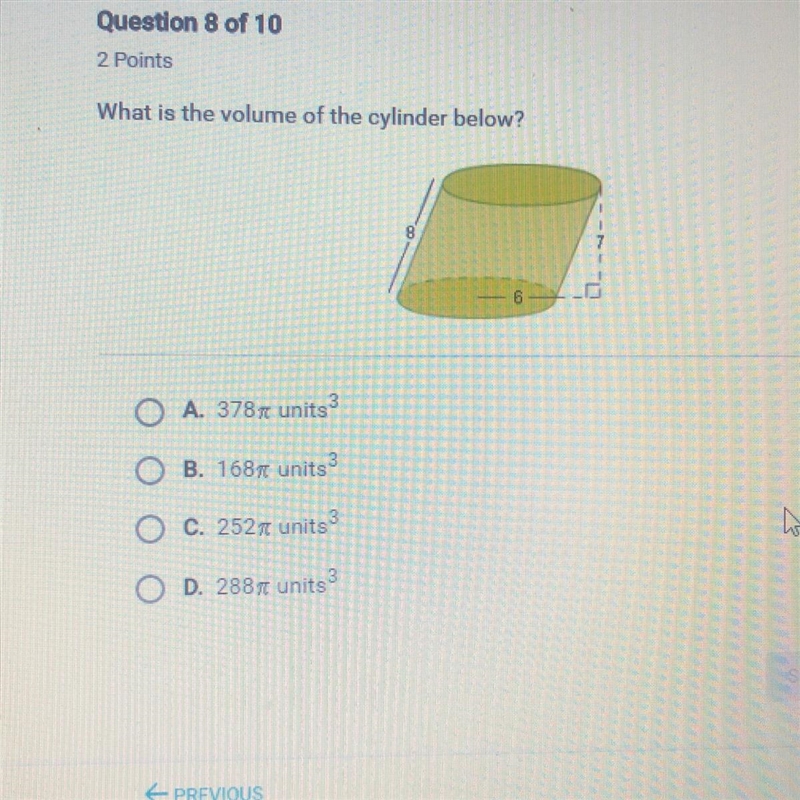 What is the volume of the cylinder below? O A. 3787 unite O B. 1687 unite 3 O C. 2524 unite-example-1