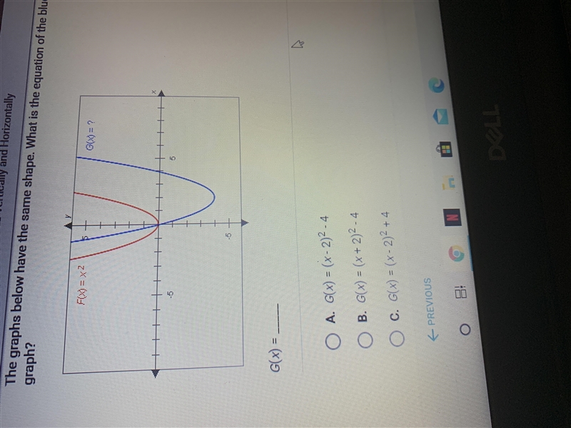 The graphs below have the same shape. What is the equation of the blue graph?-example-1