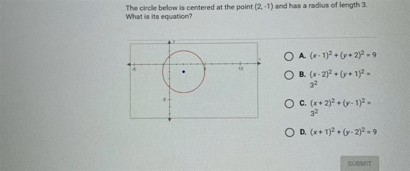 I need help!!!??? The circle below is centered at the point (2,-1) and has a radius-example-1