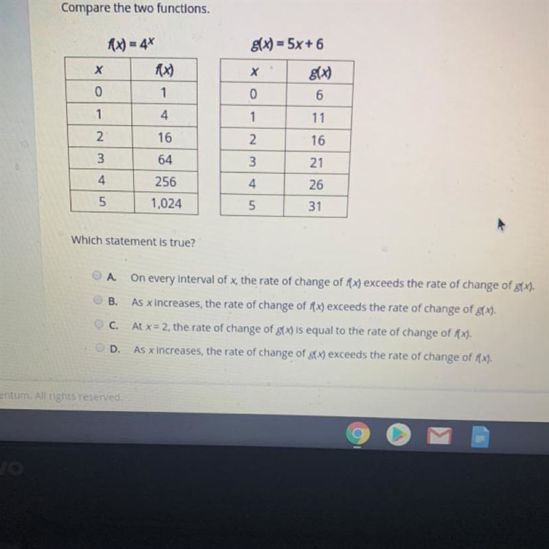 PLZ HELPP!! Compare the two functions. Which statement is true?-example-1