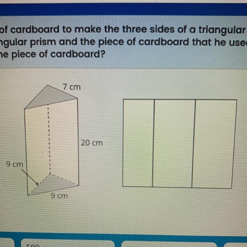 Quincy folds a piece of cardboard to make the three sides of a triangular prism open-example-1