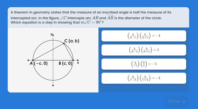 A theorem in geometry states that the measure of an inscribed angle is half the measure-example-1