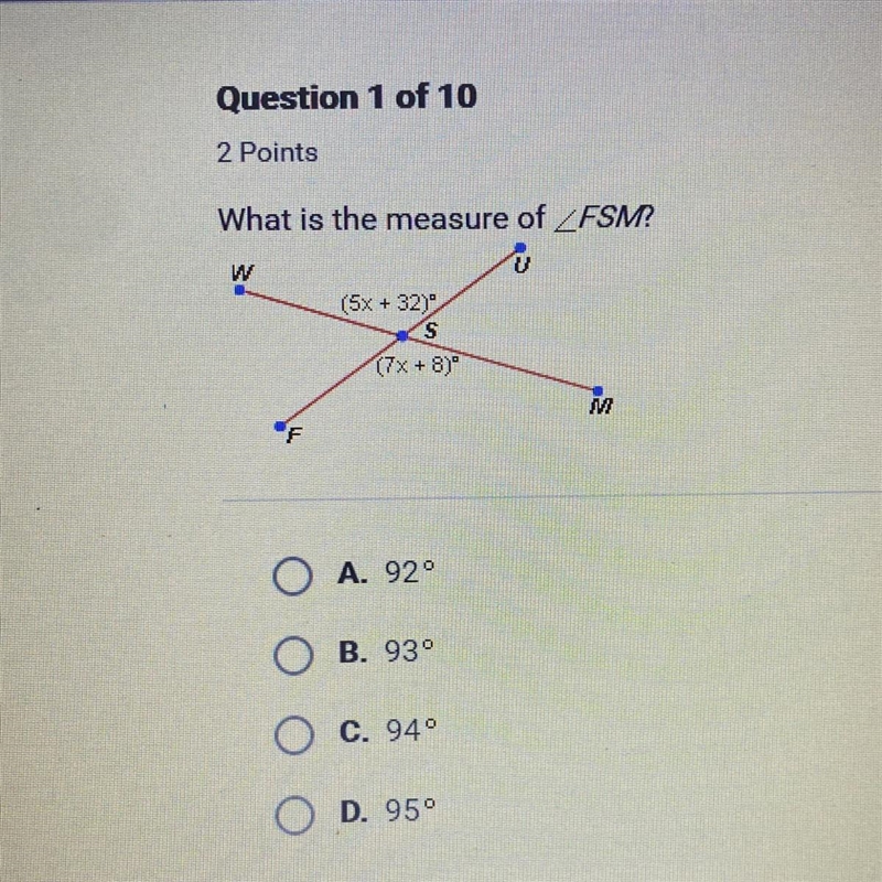 What is the measure of ZFSM? (5х + 32је, S И(7х + зе ОА. 92 В. 939 С. 949 OD. 95°-example-1