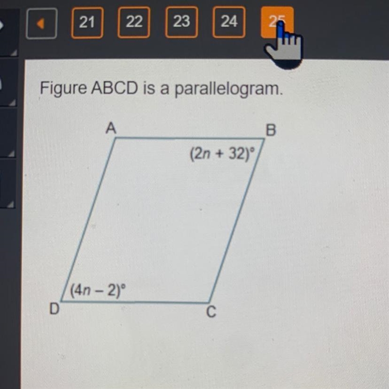 Figure ABCD is a parallelogram. What is the value of n? •3 •5 •17 •25-example-1