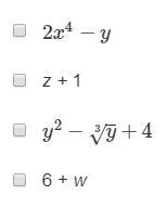 Which expressions are polynomials? Select each correct answer.-example-1