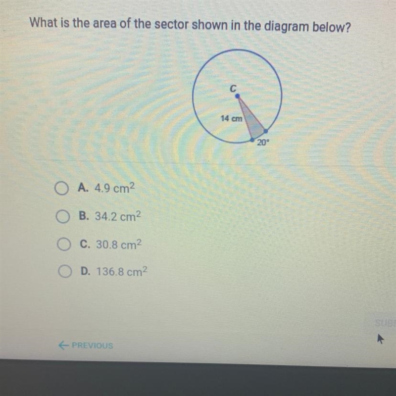 Help!! what is the area of the sector shown in the diagram below?-example-1