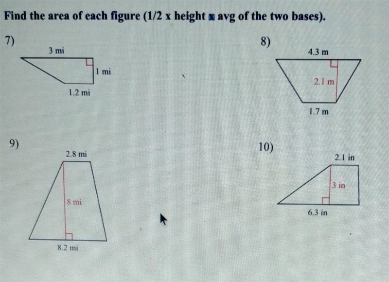 Find the area of each figure (1/2 x height x average of the two bases)​-example-1