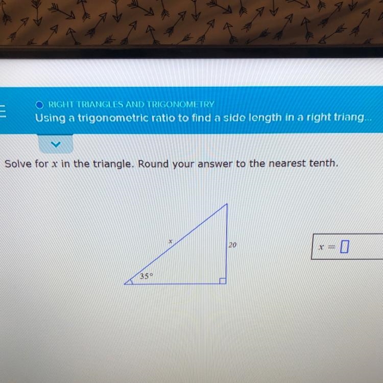 Using a trigonometric ratio to find a side length in a right triangle. ROUND TO THE-example-1