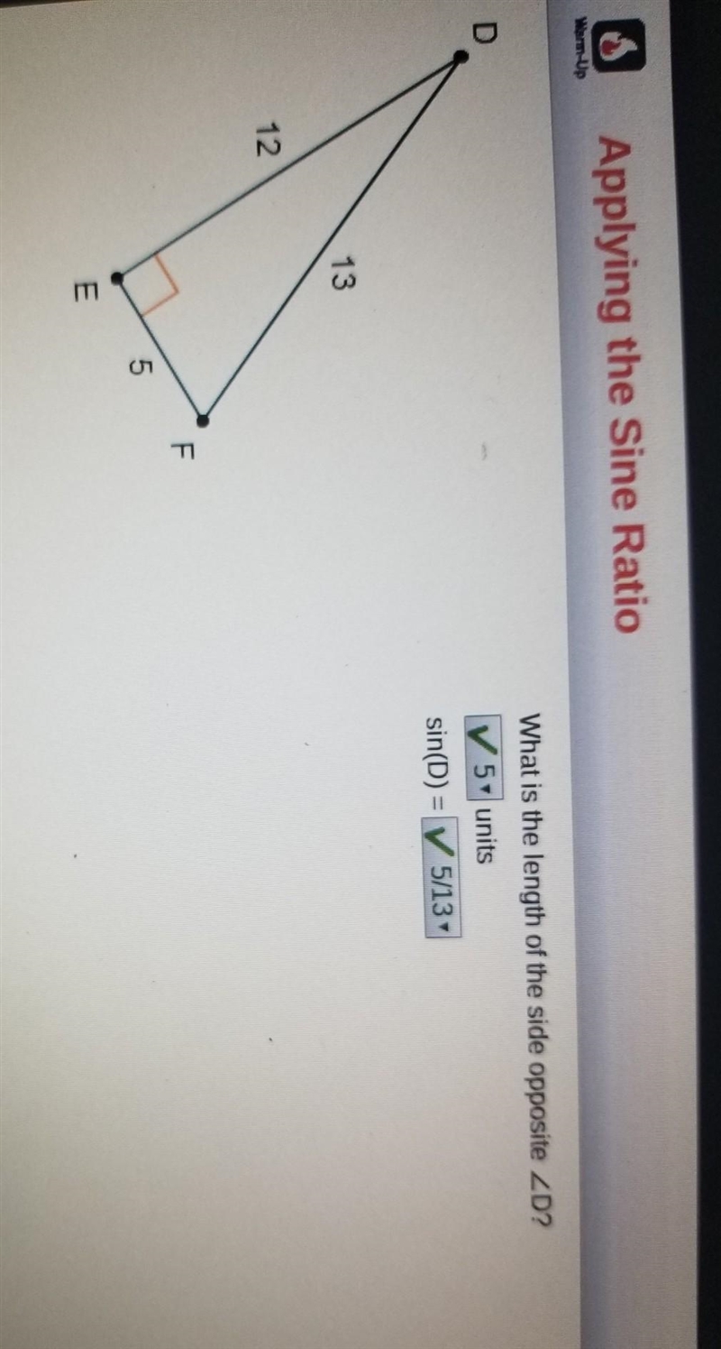 What is the length of the side opposite <D? units sin(D)= ​-example-1