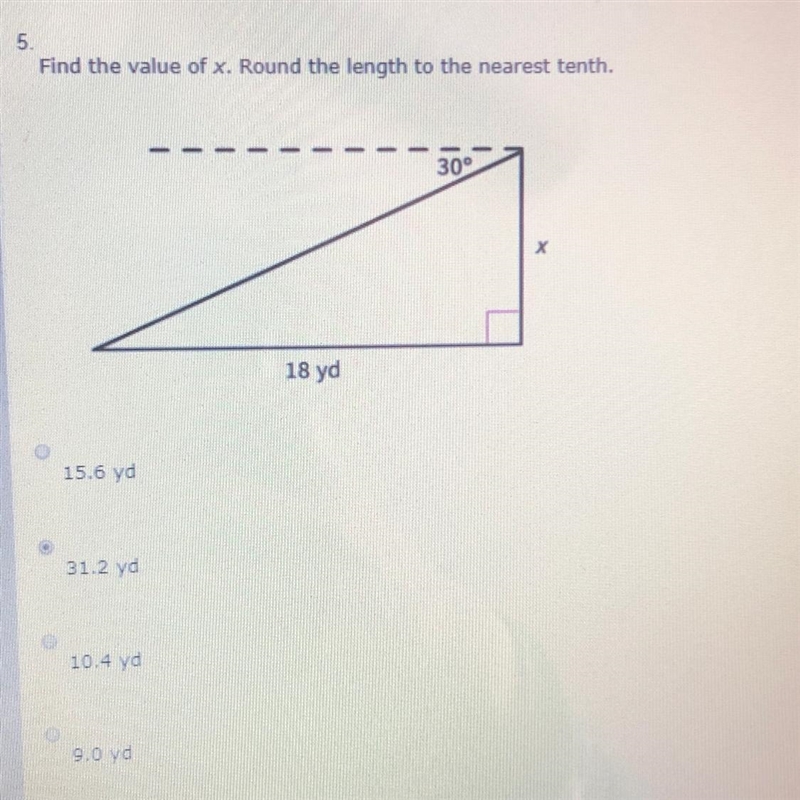 Find the value of x. Round the length to the nearest tenth. A: 15.6 yd B: 31.2 yd-example-1