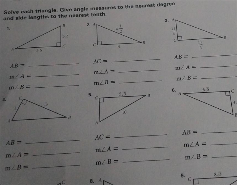 Solve each triangle. Give angle measures to the nearest degree and side lengths to-example-1