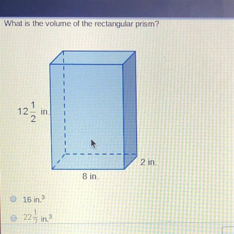 What is the volume of the rectangular prism? in 2 in 8 in 16 in. 0 221 in Mark this-example-1