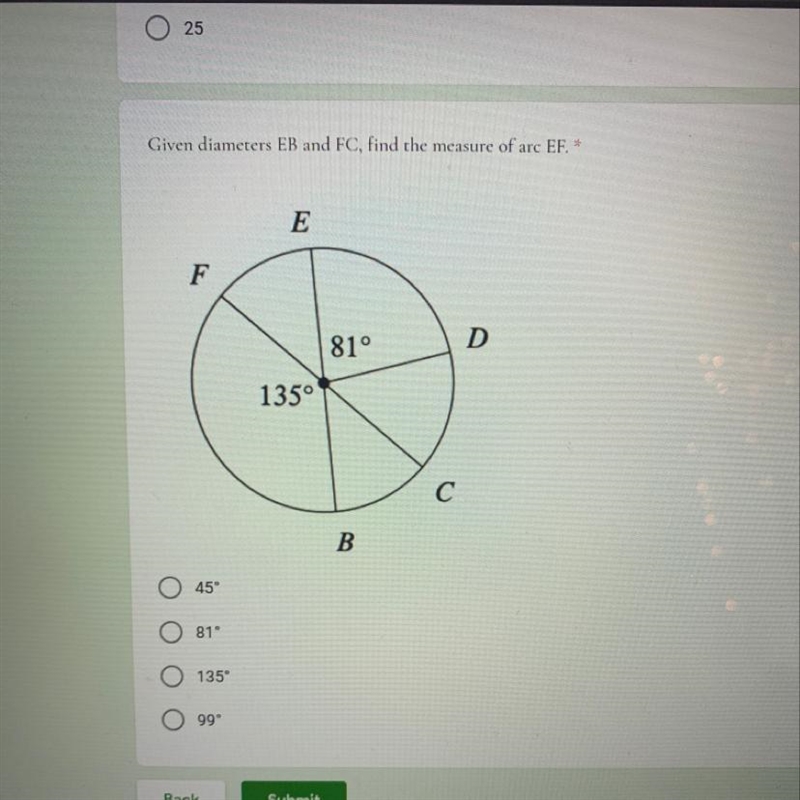 Given diameters EB and FC, find the measure of arc EF. *-example-1