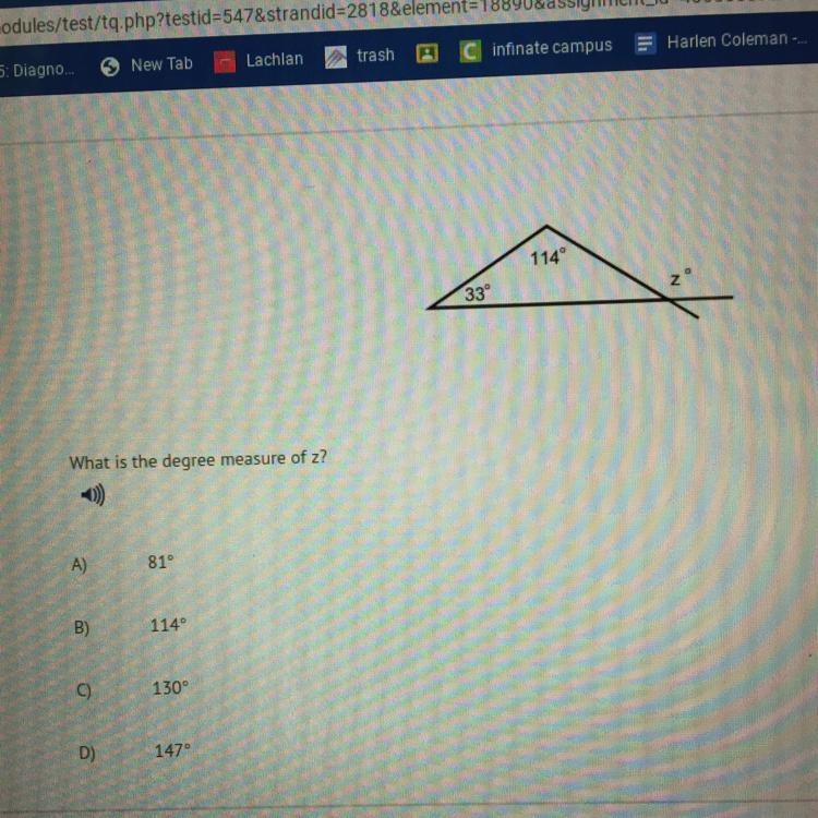 What is the degree measure of z? A)81° B)114 C)130° D)147-example-1