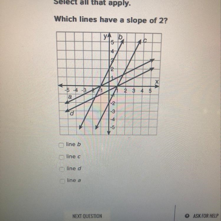 Which line has a slope of 2 and please tell me how to figure it out on my own-example-1