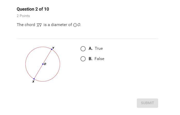 The chord XY is a diameter of o. True or false?-example-1