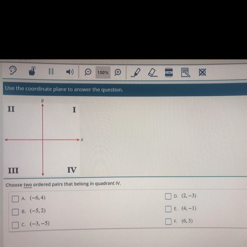 Choose two ordered pairs that belong in quadrant IV-example-1