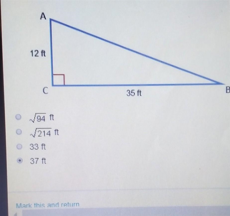 Which is the length of the hypotenuse of the triangle?​-example-1