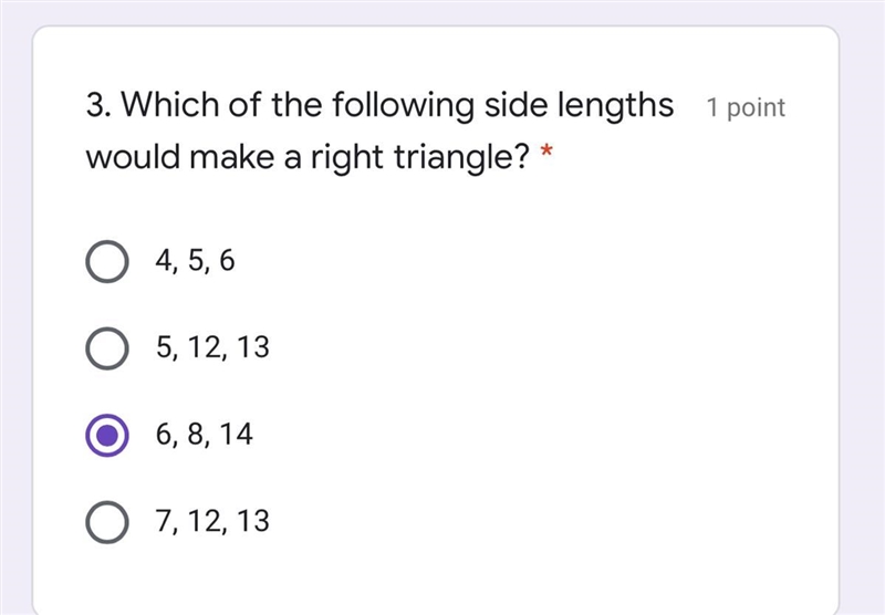 Which of the following side lengths would make a right triangle? 1) 4, 5, 6 2) 5, 12, 13 3) 6, 8, 14 4) 7, 12, 13-example-1