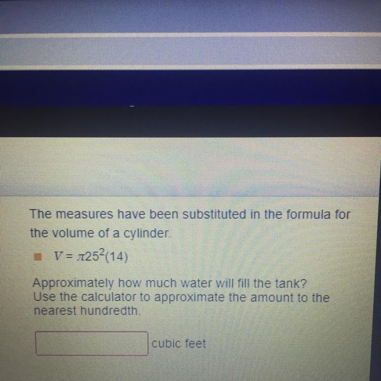 The measures have been substituted in the formula for the volume of a cylinder. V-example-1