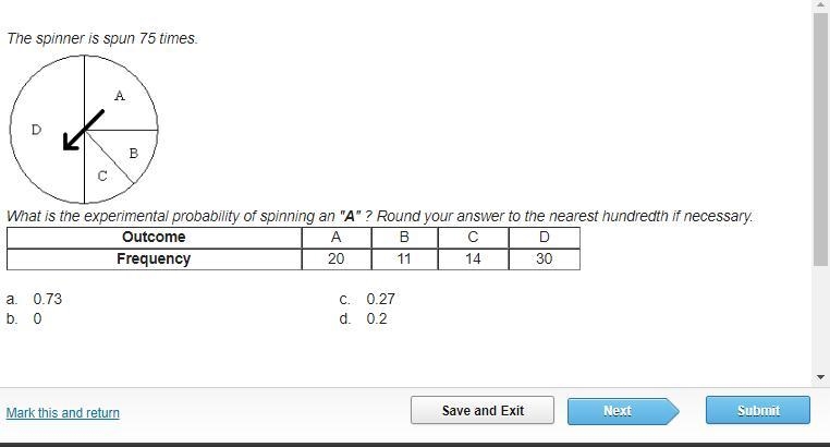 What is the experimental probability of spinning an "A" ? Round your answer-example-1