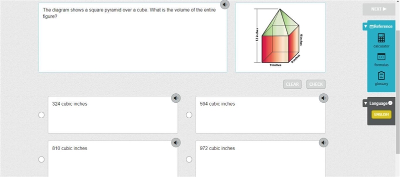 The diagram shows a square pyramid over a cube. What is the volume of the entire figure-example-1