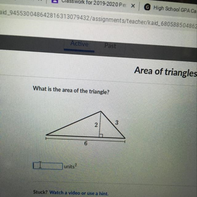 What is the area of the triangle? 3 2 6-example-1