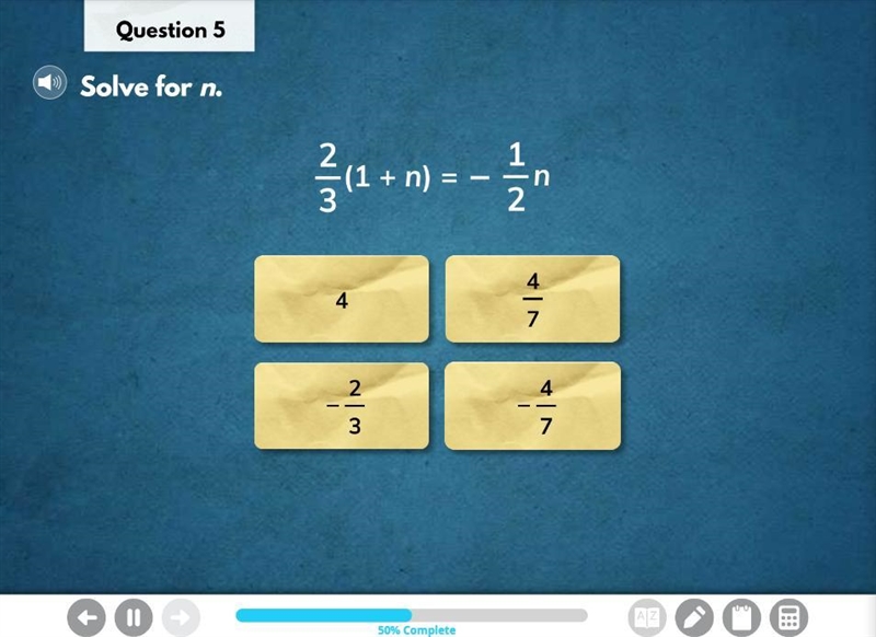 Solve for n. 2/3(1+n)=-1/2n-example-1