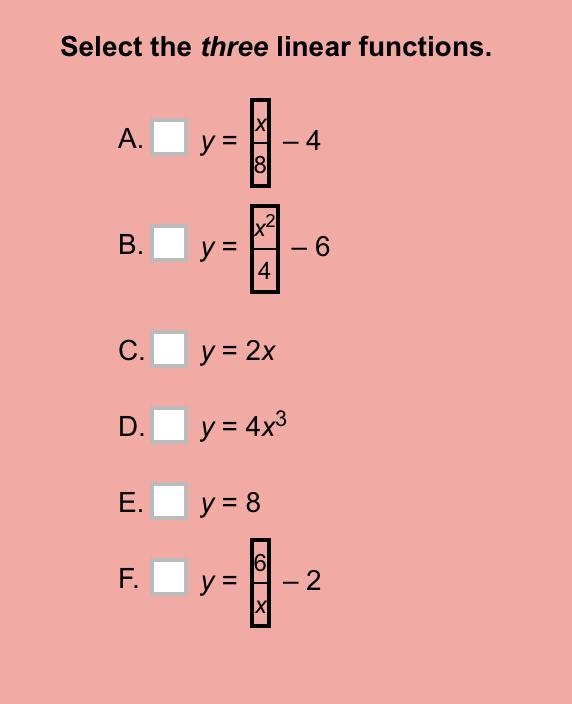 Select the three linear functions.-example-1