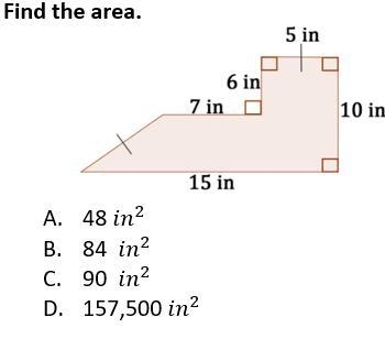 Find the area. A. 48in^2 B. 84in^2 C. 90 in^2 D. 157,500in^2-example-1