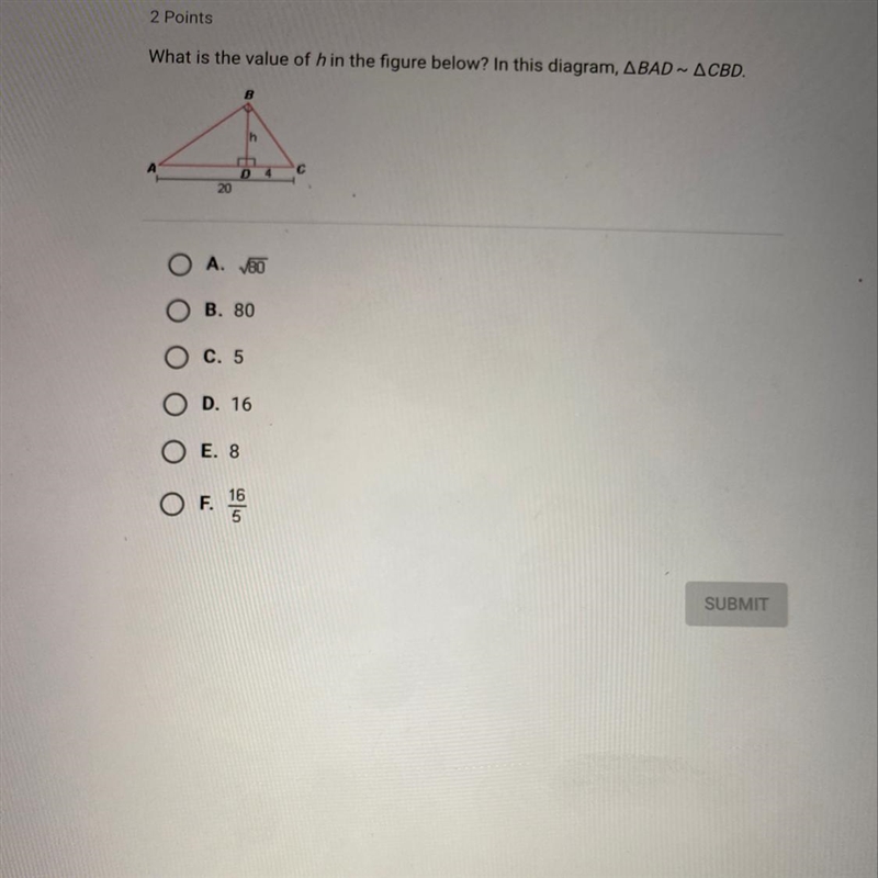 What is the value of h in the figure below? In this diagram BAD~CBD-example-1